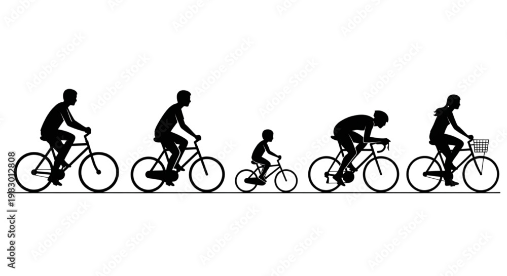 Obraz premium Silhouettes of people of different ages and sizes riding bicycles, symbolizing healthy lifestyle and recreational activity