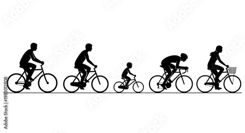 Silhouettes of people of different ages and sizes riding bicycles, symbolizing healthy lifestyle and recreational activity