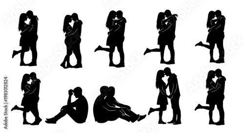 Silhouette couple romantic embrace and intimate moments in various loving poses