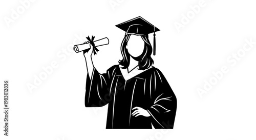 Illustration of a person in a graduation gown and cap holding a diploma, symbolizing academic achievement and a successful educational journey
