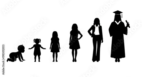 Stages of life illustrated by silhouettes of a girl from infancy to graduation