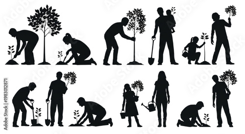 Silhouettes of people planting trees and gardening in various poses, symbolizing environmental care and community involvement