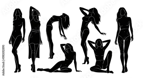 Diverse collection of silhouette figures showcasing various graceful poses and body types, presented in striking black and white