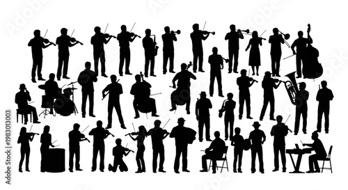 Silhouette orchestra with diverse musicians playing various instruments in a dynamic composition