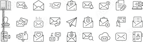 Collection of E-mail and Letter Linear Icons.Email Web Icon Set in Line Style. Including mail, envelope, email, postal, letter sent, inbox, new mail, reply and forward mail and more.eps