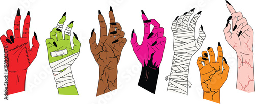 Halloween Horror Hand Gesture Collection with Zombie, Monster and Creepy Colored Hands Showing Scary Signs, Spooky Vector Illustration Set for Dark Design.