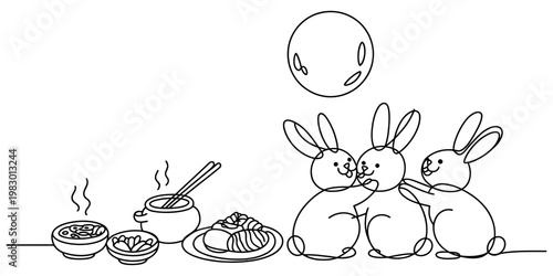 Three cute rabbits celebrating mid autumn festival with a feast under the full bright moon light