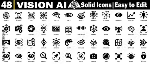 Vision AI solid icons. Featuring recognize, scan, detect, analyze, track, predict, process, classify, observe, model, capture, segment, synthesize, and map. vector illustration.