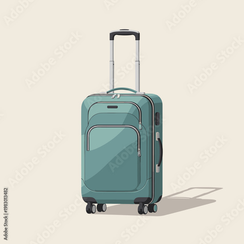 A teal-colored rolling suitcase with a retractable handle and four wheels, casting a shadow on a plain background.
