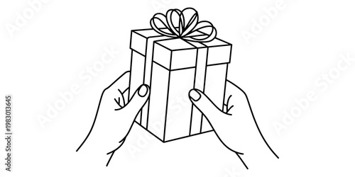 A simple black and white line drawing of two hands holding a small gift box with a decorative bow