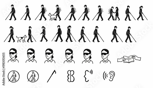 Blind icon, blind person walking icon set
