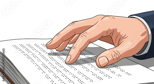 The hand of a blind man reads the text of a braille book 
