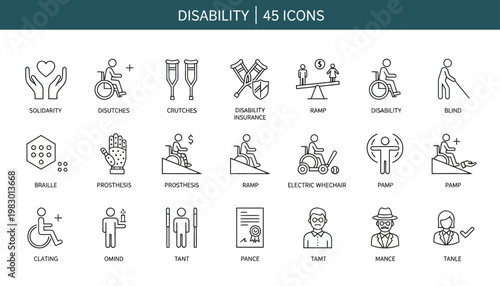 Accessibility and inclusion icon set featuring wheelchairs crutches prosthetic limbs braille ramps and symbols for physical disability support.