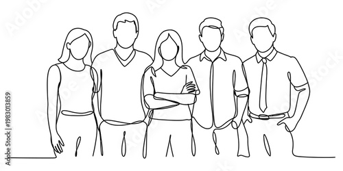A single continuous line drawing of five diverse young professionals standing side by side group