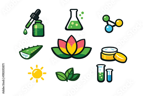 Colorful vector icons of natural skincare and beauty products