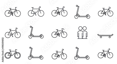 Bicycles and scooters in line icons.