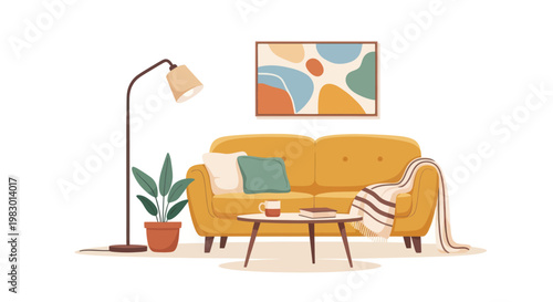 Yellow Sofa With Pillow And Blanket.