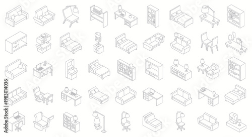 Isometric furniture icons set for home interior design.