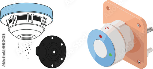 Smoke Detector and Control Switch Devices, Safety Equipment Illustration for Fire Alarm System and Smart Home Design