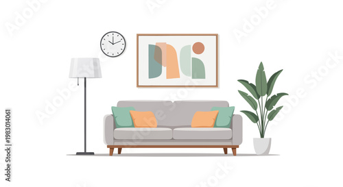 A modern living room interior with a comfortable sofa and decorative elements.