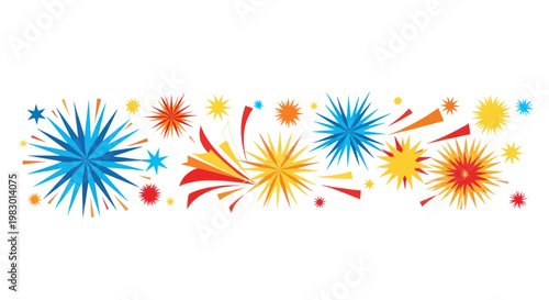 Colorful celebration design with abstract starbursts and explosive shapes