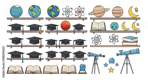 Education and science symbols on shelves
