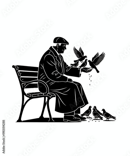 man feeding pigeons on park bench flat design vector illustration