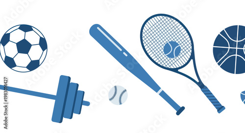 Collection of blue sports equipment on a white background