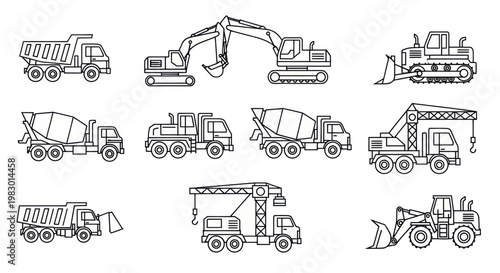 Construction Vehicles Outline Set: Trucks, Excavator, Bulldozer, Crane, Loader