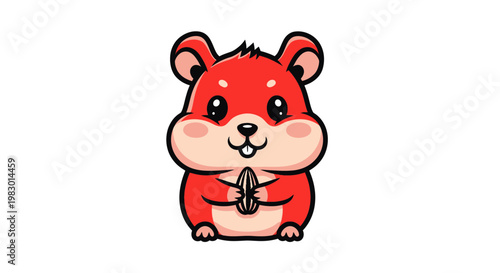 Cute Red Hamster Character Holding a Sunflower Seed, Cartoon Style