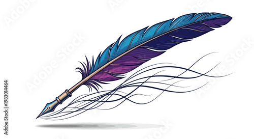 Elegant Feather Pen Writing with Swirling Ink Trails on White Background
