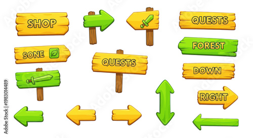 Game UI Elements: Wooden Signs, Arrows, and Icons for Navigation and Quests