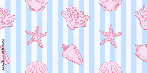 Seamless coastal pattern with hand drawn coral, starfish, sea shells elements in line drawing art style. Marine blue striped background. Summer design print for textile, wrapping paper, fabric.