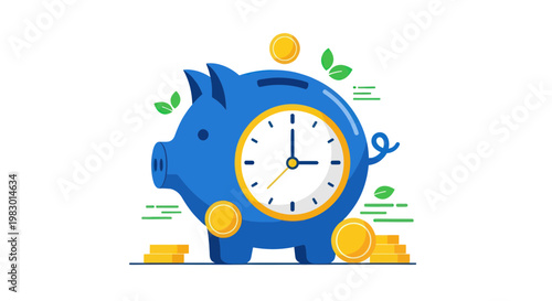 Piggy Bank with Clock and Coins - Time for Saving Money Concept