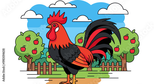 Rooster Standing Proudly in Orchard with Apple Trees and Fence