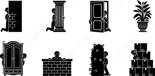 Set of eight black silhouette icons depicting people hiding behind various objects like walls, columns, doors, and, isolated on white background

