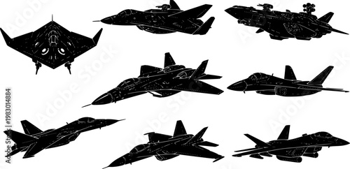 Set of seven detailed black silhouette icons depicting futuristic military spacecraft and advanced fighter jets viewed, isolated on white background
