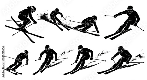 Collection of dynamic black silhouette icons representing skiers in various aggressive downhill racing and carving, isolated on white background
