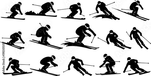 Collection of dynamic black silhouette icons representing skiers in various aggressive downhill racing and carving, isolated on white background
