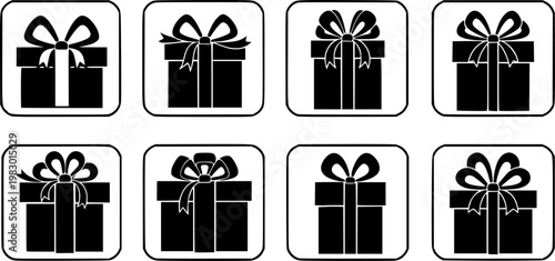 Collection of six black silhouette gift box icons with stylized bows and ribbons inside square frames, perfect for, isolated on white background
