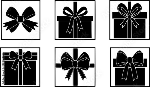 Collection of six black silhouette gift box icons with stylized bows and ribbons inside square frames, perfect for, isolated on white background
