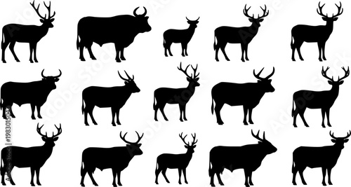 Collection of diverse bovine and cervid animal silhouettes showing growth stages and antler variations in a clean, isolated on white background
