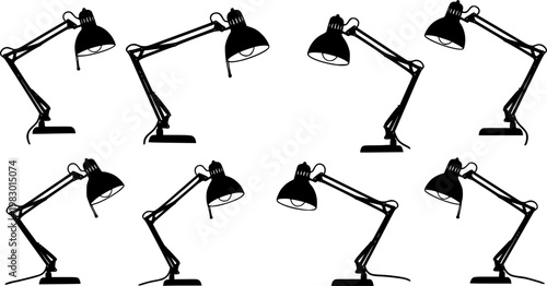 Collection of adjustable black silhouette desk lamps with articulated arms showing various lighting positions and styles, isolated on white background
