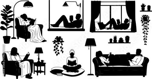 Collection of diverse people silhouettes enjoying reading books in various cozy home settings with plants and lamps,, isolated on white background

