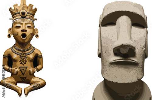 Ancient Tribal Statue and Moai Sculpture Set, Cultural Artifacts Illustration for History, Archaeology, and Heritage Design