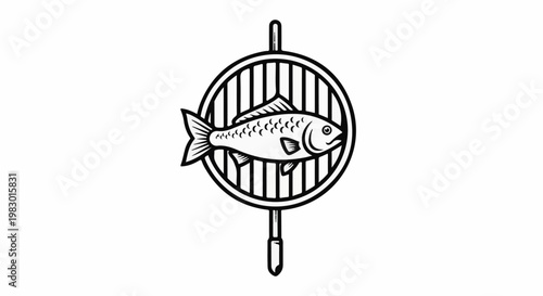 Stylized fish on a circular grill with handle