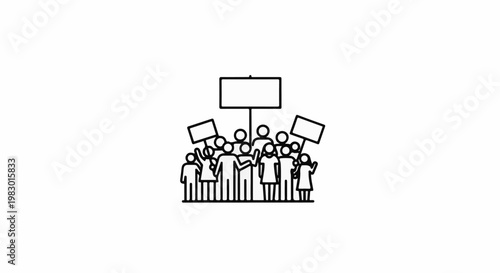 Stylized group of people with signs and raised arms