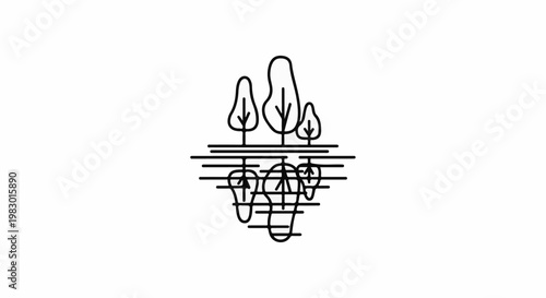 Stylized outline of trees and their reflected roots in water