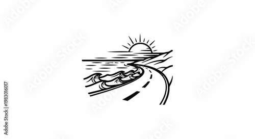 A black and white line drawing shows a winding road leading toward a stylized sun rising over ocean waves
