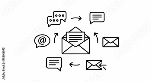A communicative flow diagram illustrates email and message exchanges